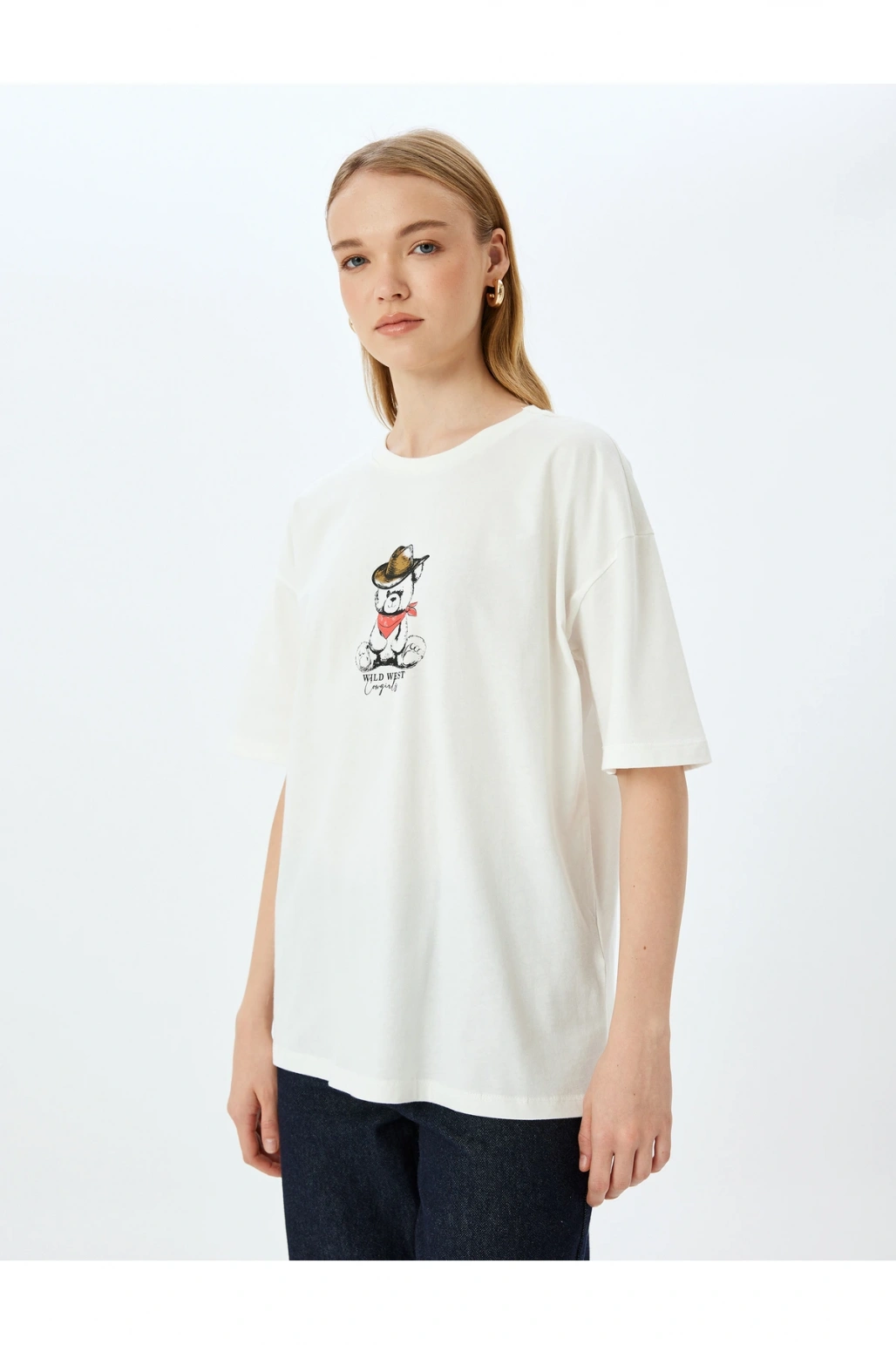 Ayı Baskılı Bisiklet Yaka Kısa Kollu Oversize Tişört