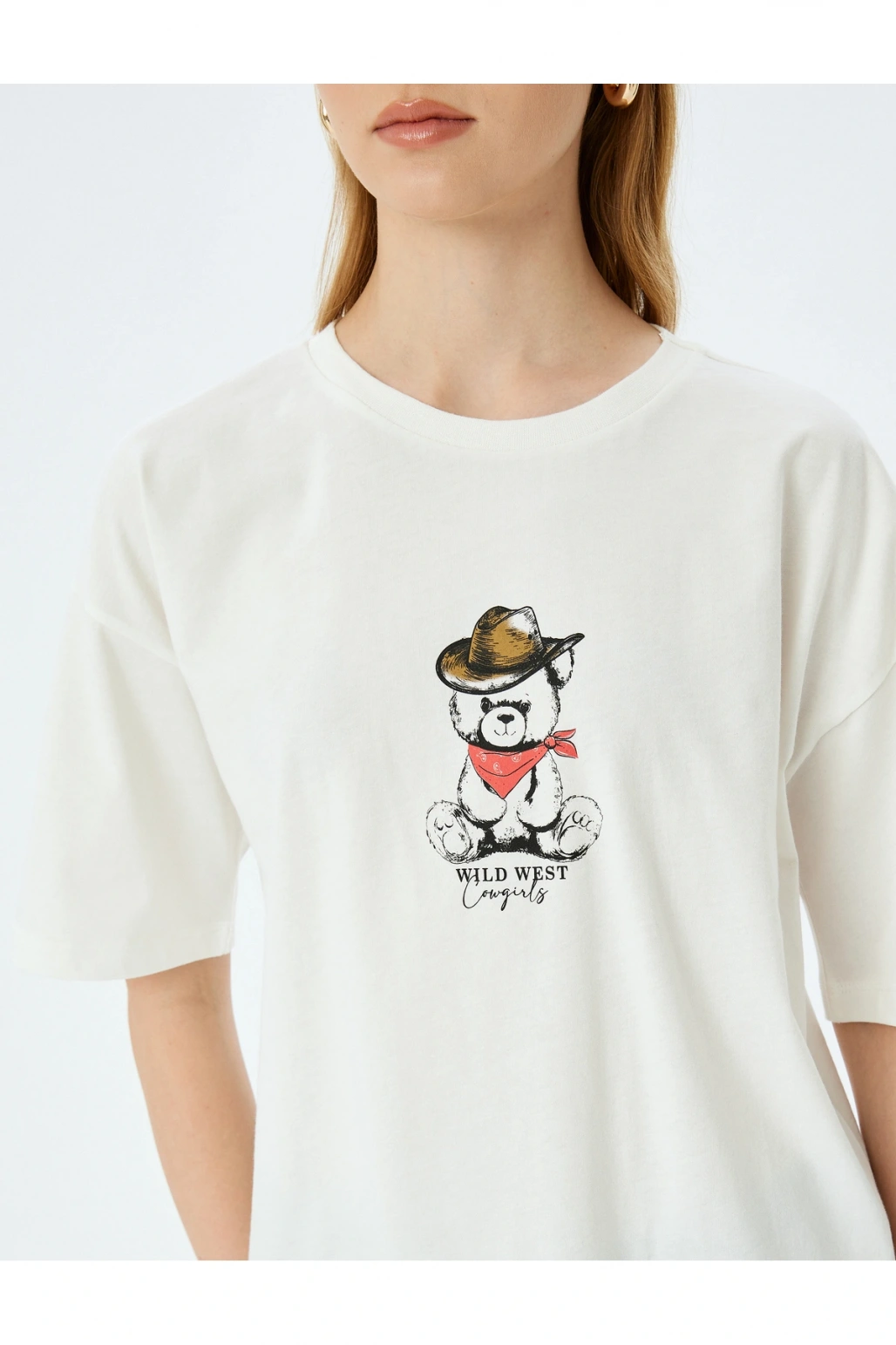 Ayı Baskılı Bisiklet Yaka Kısa Kollu Oversize Tişört