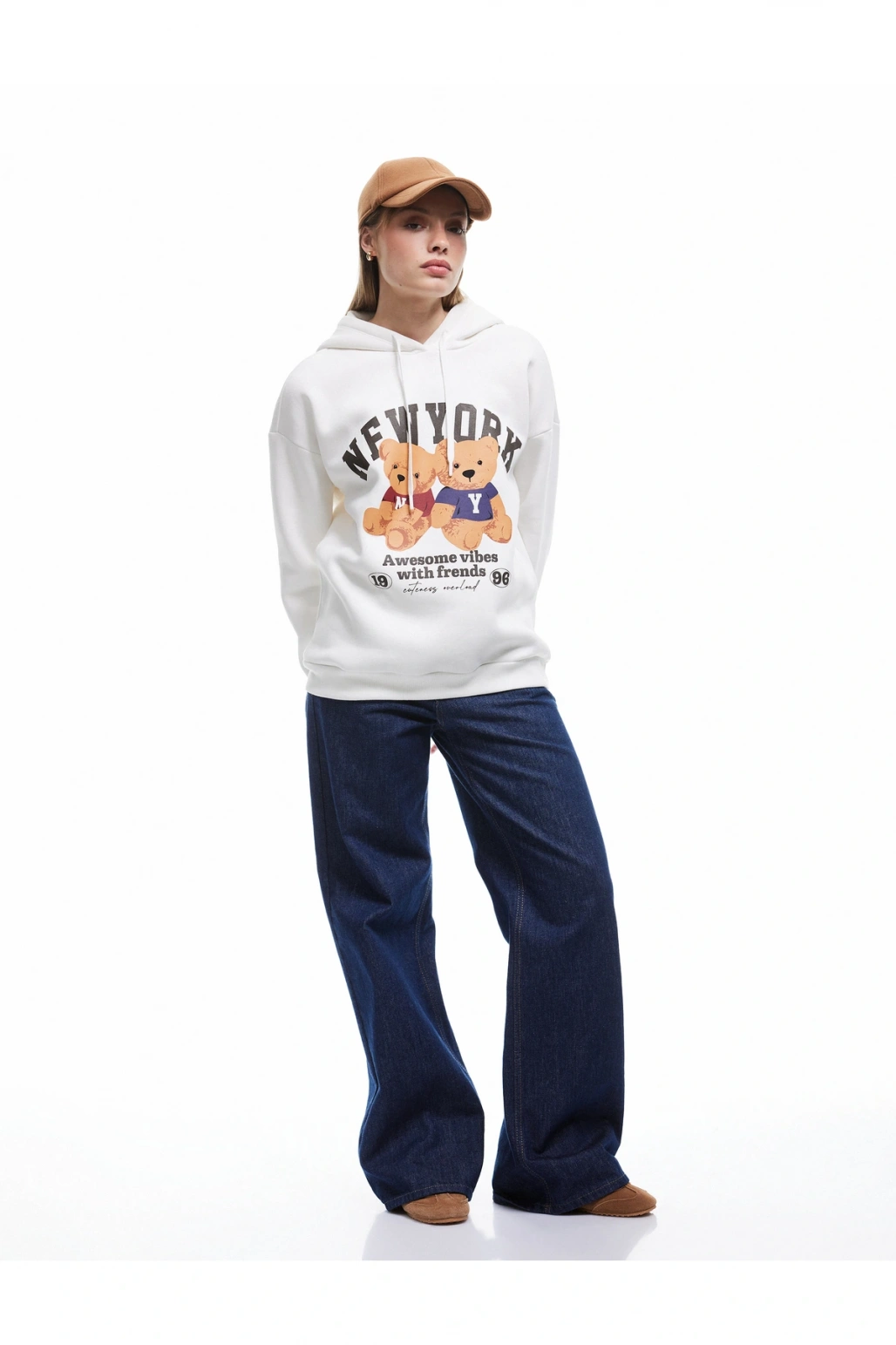 Ayı Baskılı Şardonlu Kapüşonlu Oversize Sweatshirt