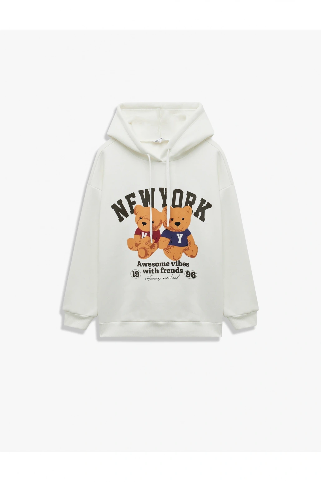 Ayı Baskılı Şardonlu Kapüşonlu Oversize Sweatshirt