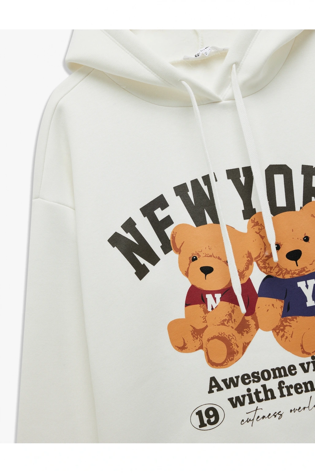 Ayı Baskılı Şardonlu Kapüşonlu Oversize Sweatshirt