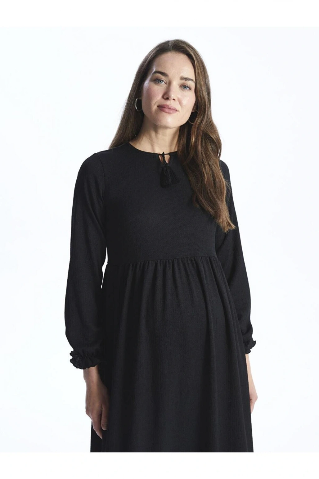 Bağlamalı Yaka Düz Uzun Kollu Hamile Elbise (S4)