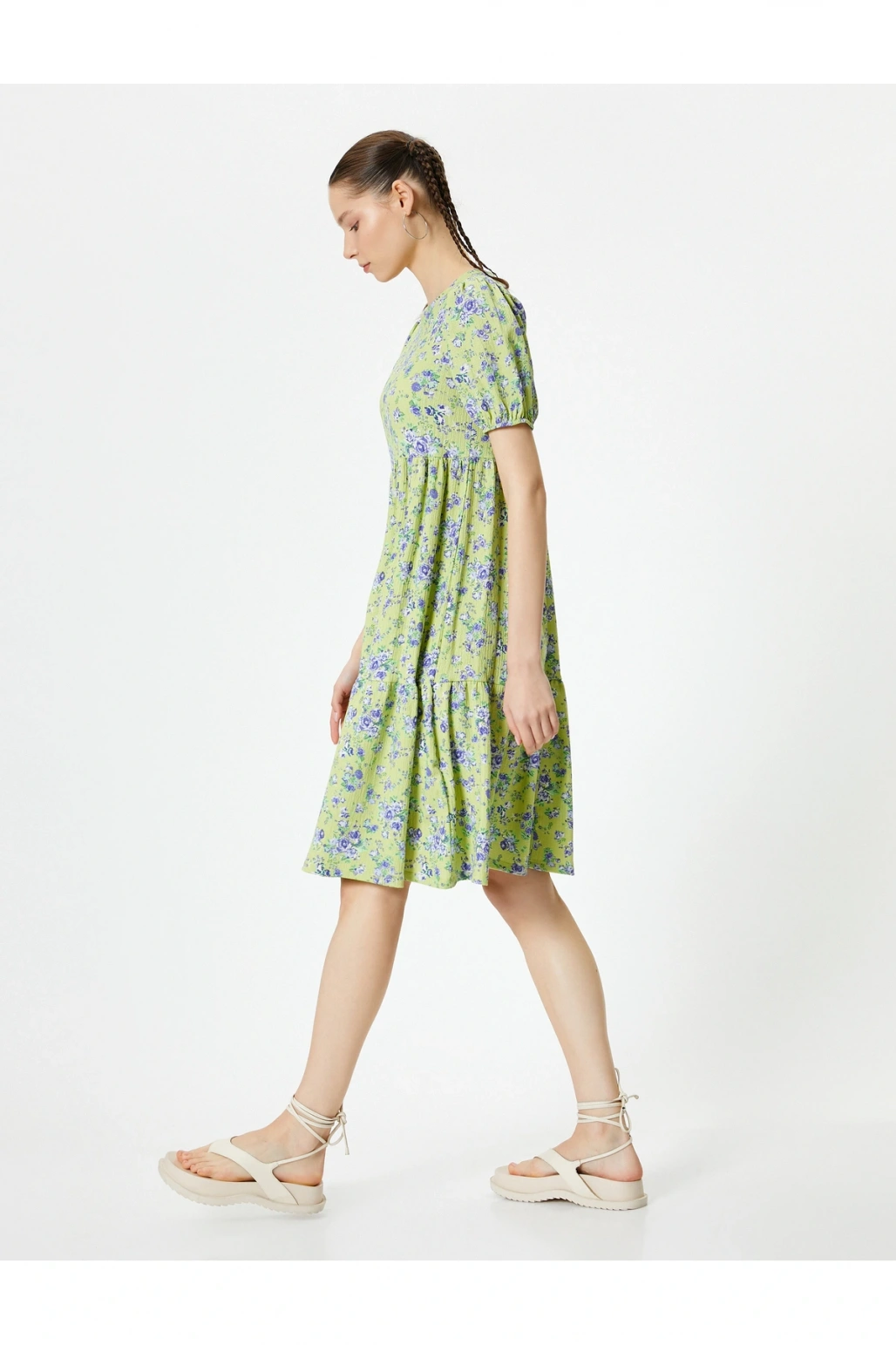 Balon Kol Çiçekli Elbise Midi Boy Rahat Kalıp Bisiklet Yaka Dokulu Bürümcük