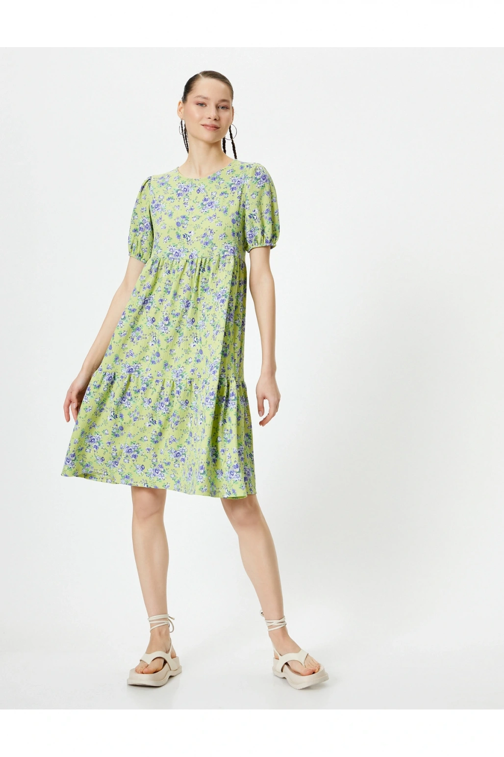 Balon Kol Çiçekli Elbise Midi Boy Rahat Kalıp Bisiklet Yaka Dokulu Bürümcük