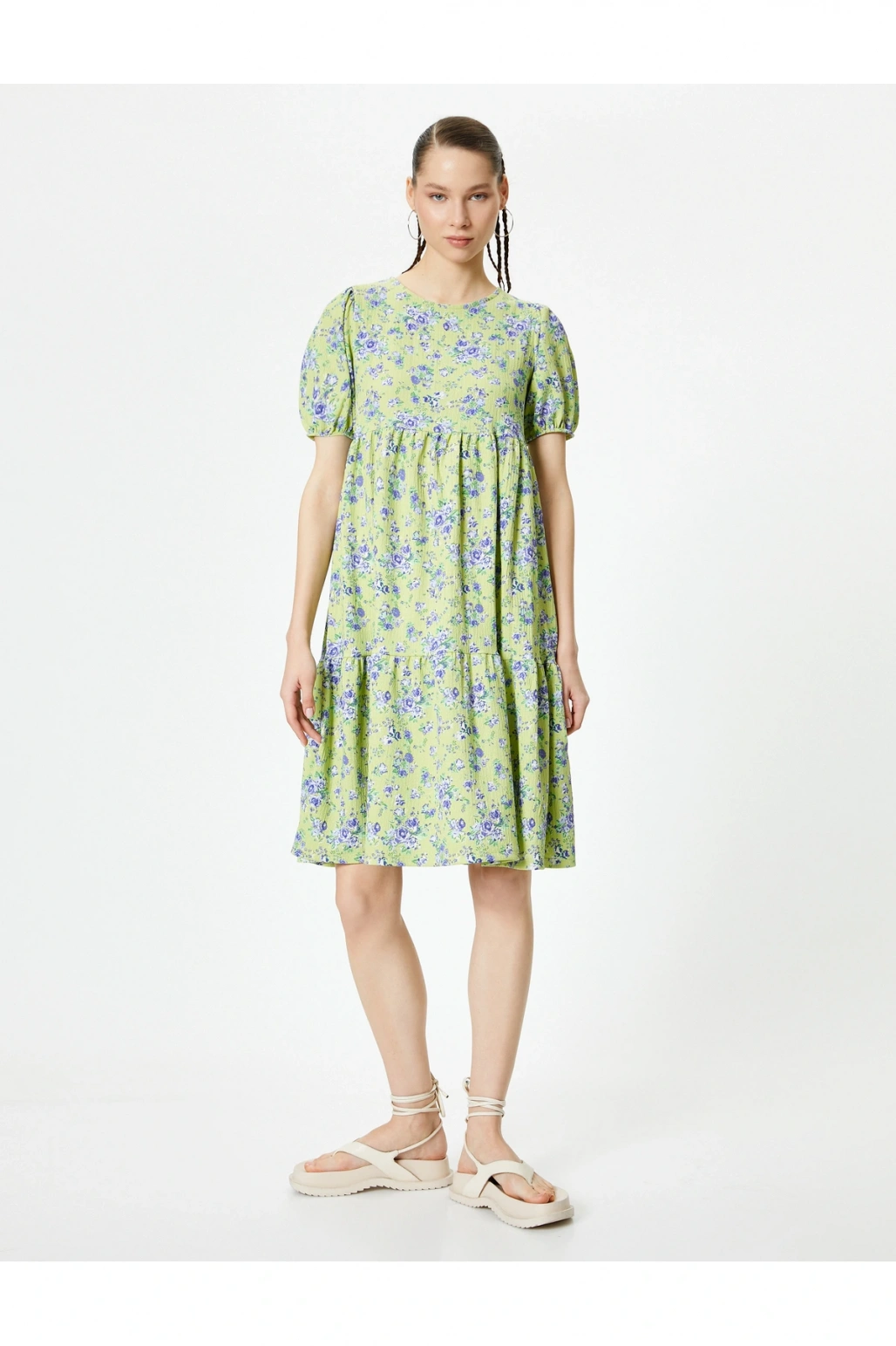 Balon Kol Çiçekli Elbise Midi Boy Rahat Kalıp Bisiklet Yaka Dokulu Bürümcük