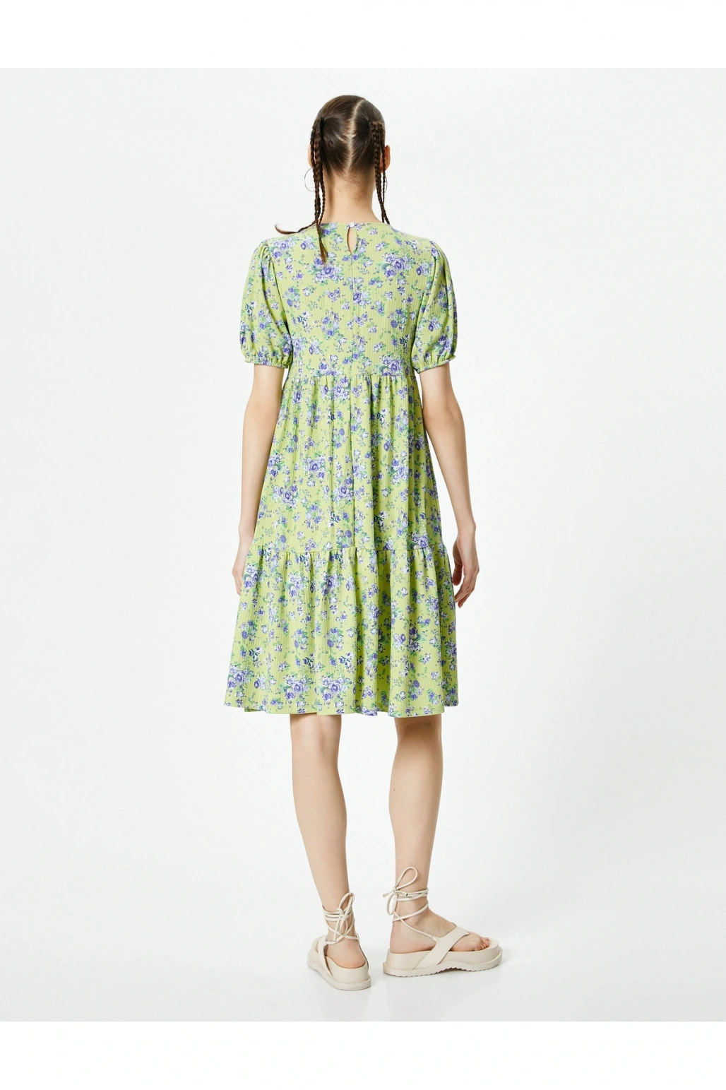 Balon Kol Çiçekli Elbise Midi Boy Rahat Kalıp Bisiklet Yaka Dokulu Bürümcük