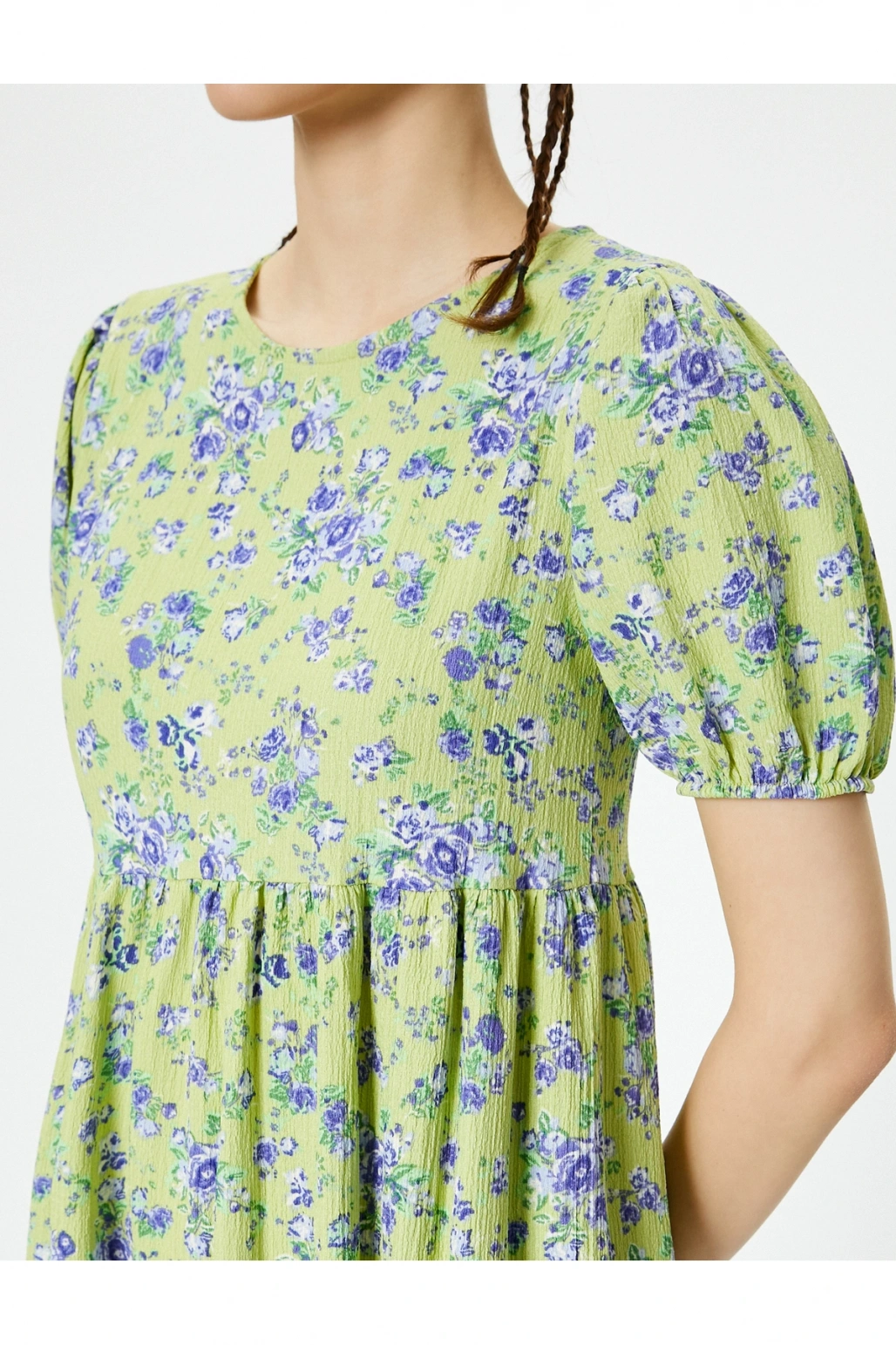 Balon Kol Çiçekli Elbise Midi Boy Rahat Kalıp Bisiklet Yaka Dokulu Bürümcük