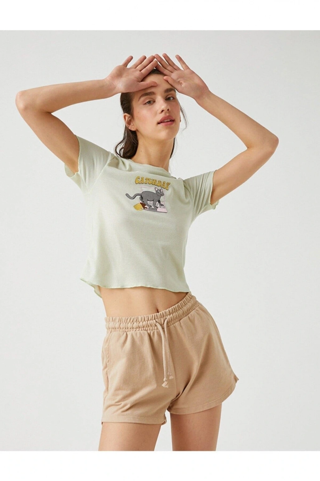 Baskılı Fitilli Kısa Kollu Bisiklet Yaka Tişört