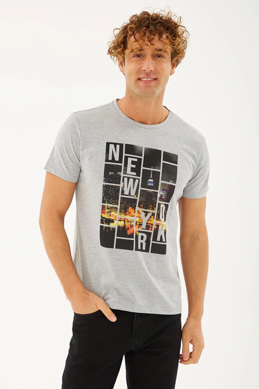 Baskılı T-shirt Gri Melanj / Grey Melange