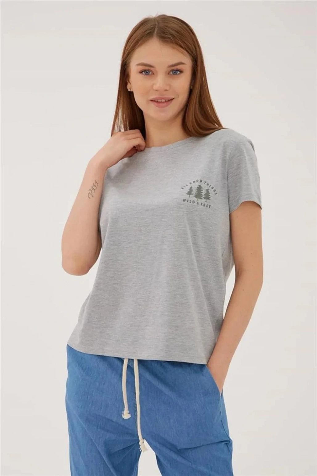 Baskılı T-shirt Gri Melanj / Grey Melange