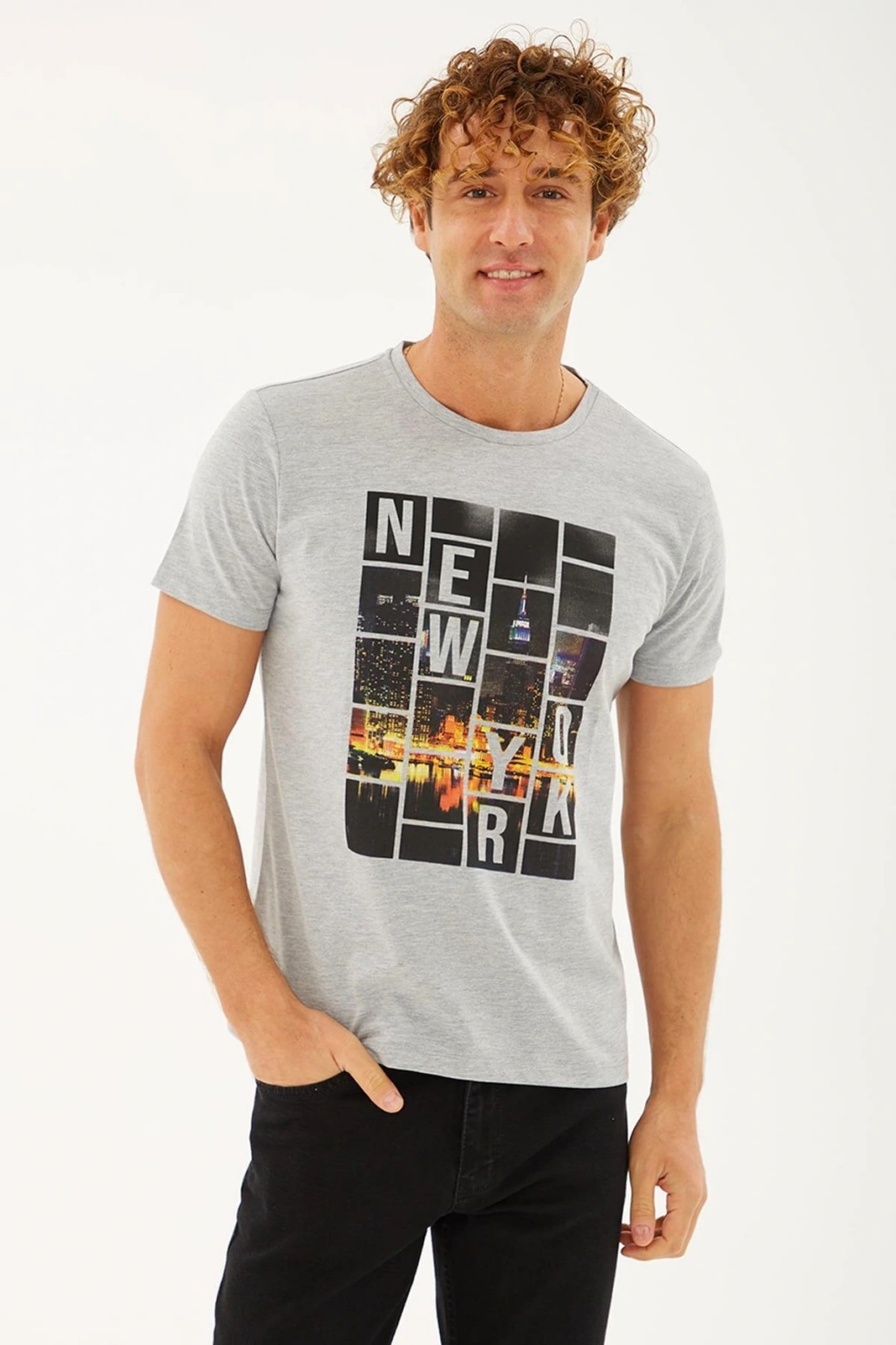 Baskılı T-shirt Gri Melanj / Grey Melange