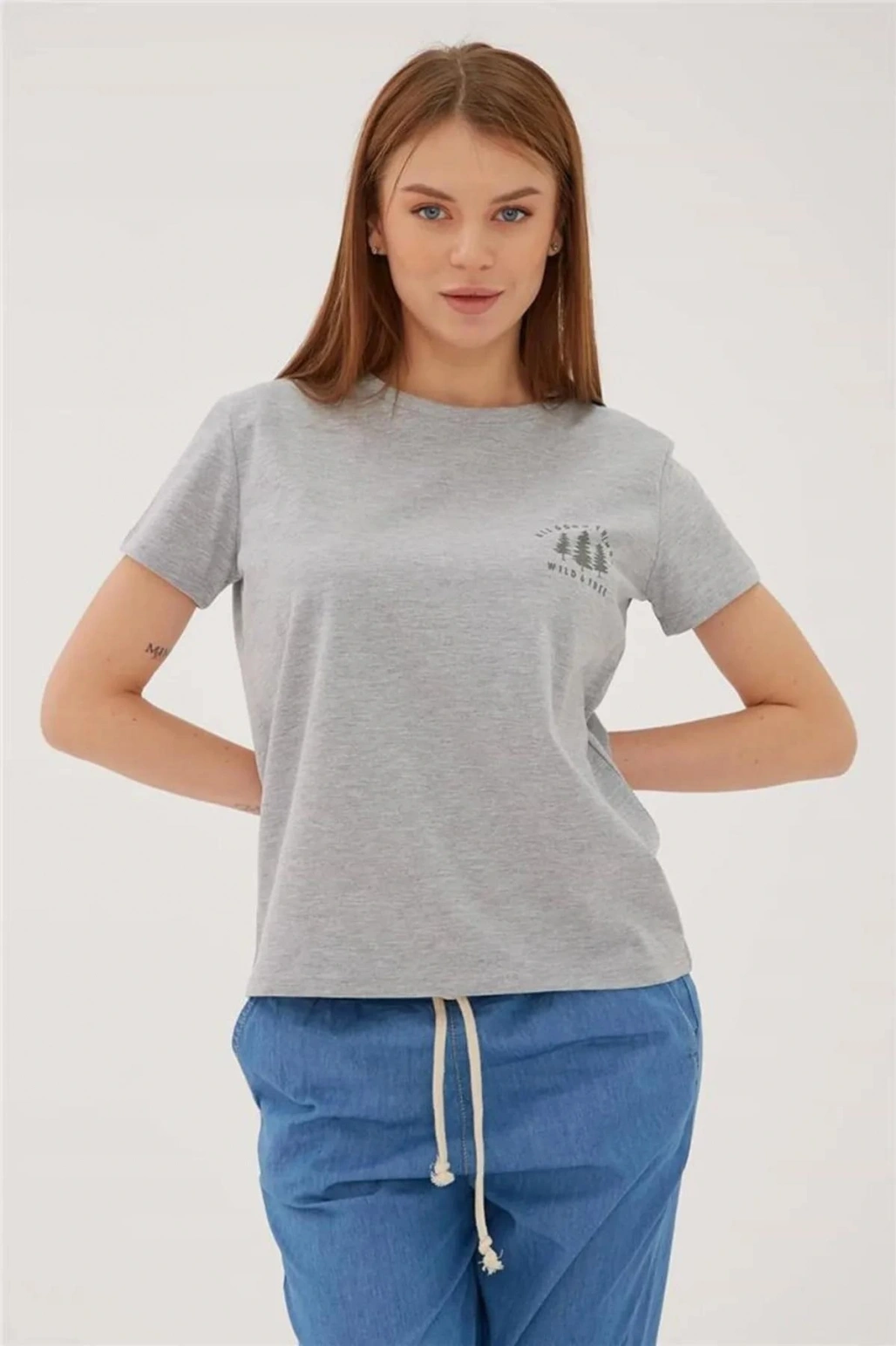 Baskılı T-shirt Gri Melanj / Grey Melange
