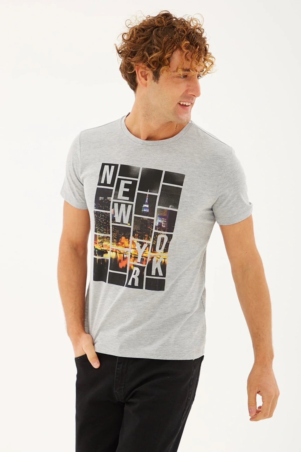 Baskılı T-shirt Gri Melanj / Grey Melange