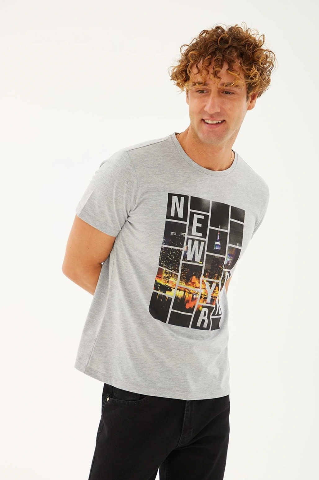 Baskılı T-shirt Gri Melanj / Grey Melange