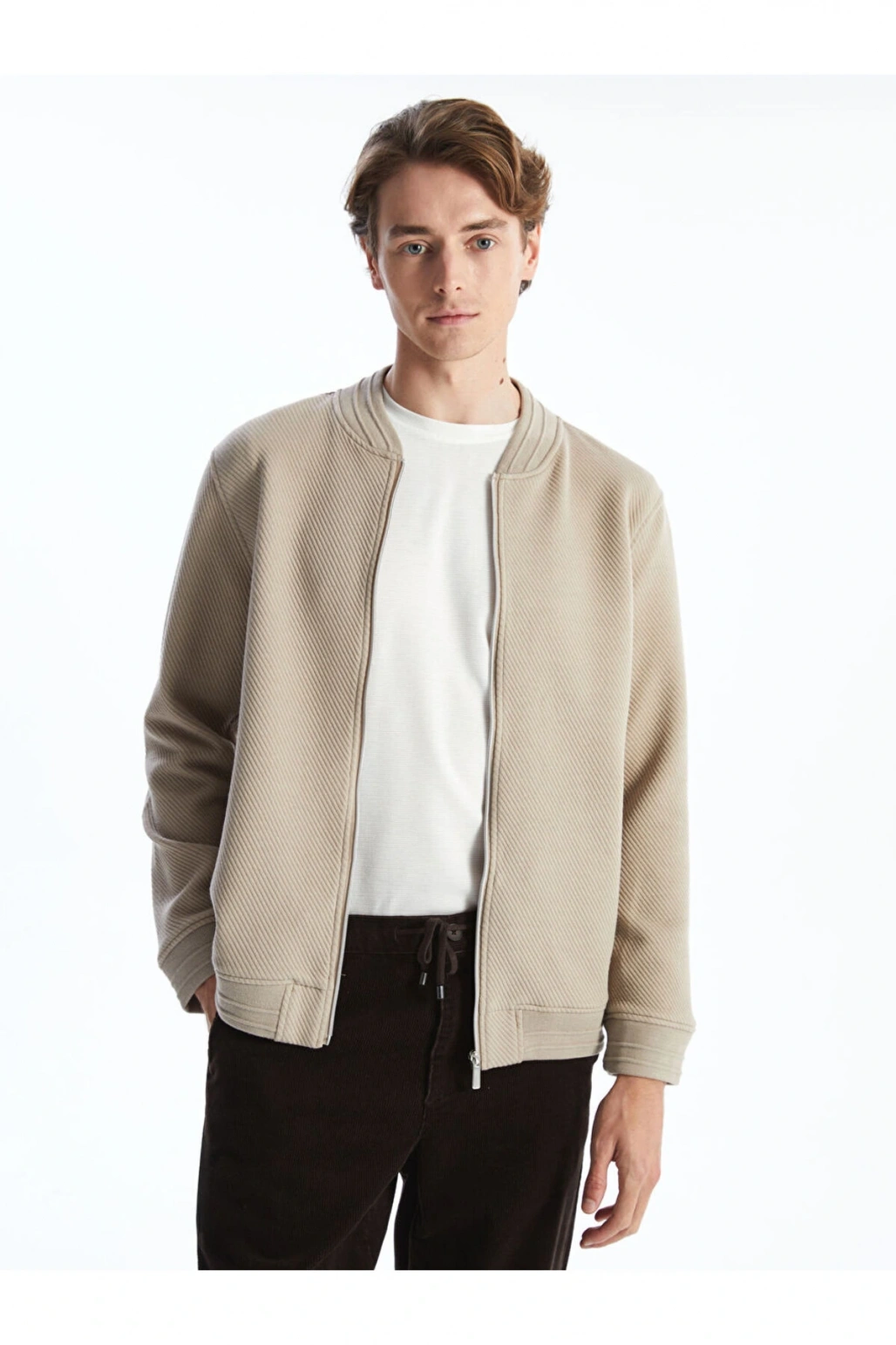 Bej Kolej Yaka Uzun Kollu Erkek Fermuarlı Sweatshirt