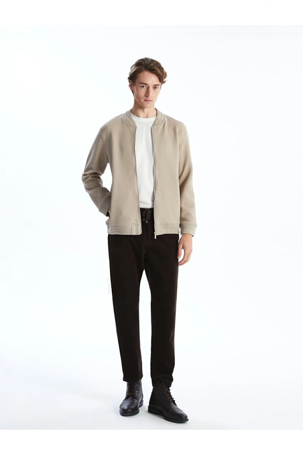 Bej Kolej Yaka Uzun Kollu Erkek Fermuarlı Sweatshirt