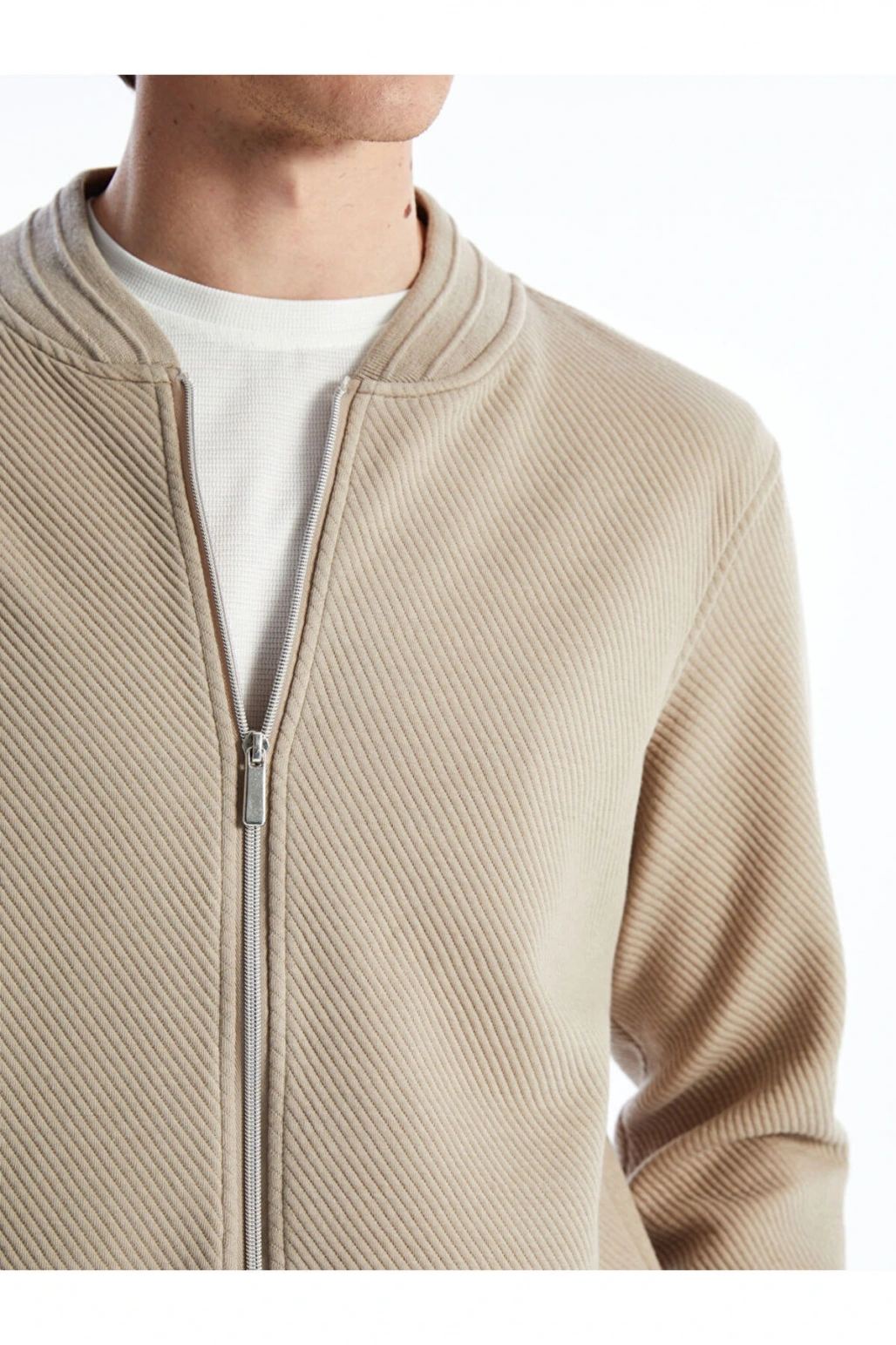Bej Kolej Yaka Uzun Kollu Erkek Fermuarlı Sweatshirt