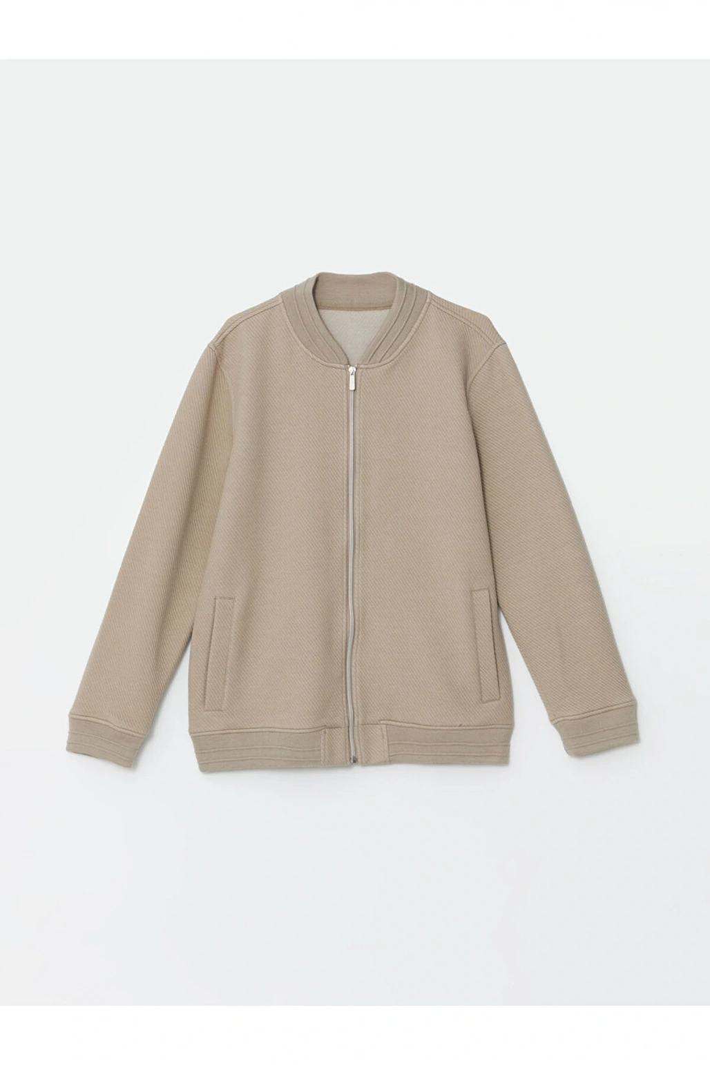 Bej Kolej Yaka Uzun Kollu Erkek Fermuarlı Sweatshirt