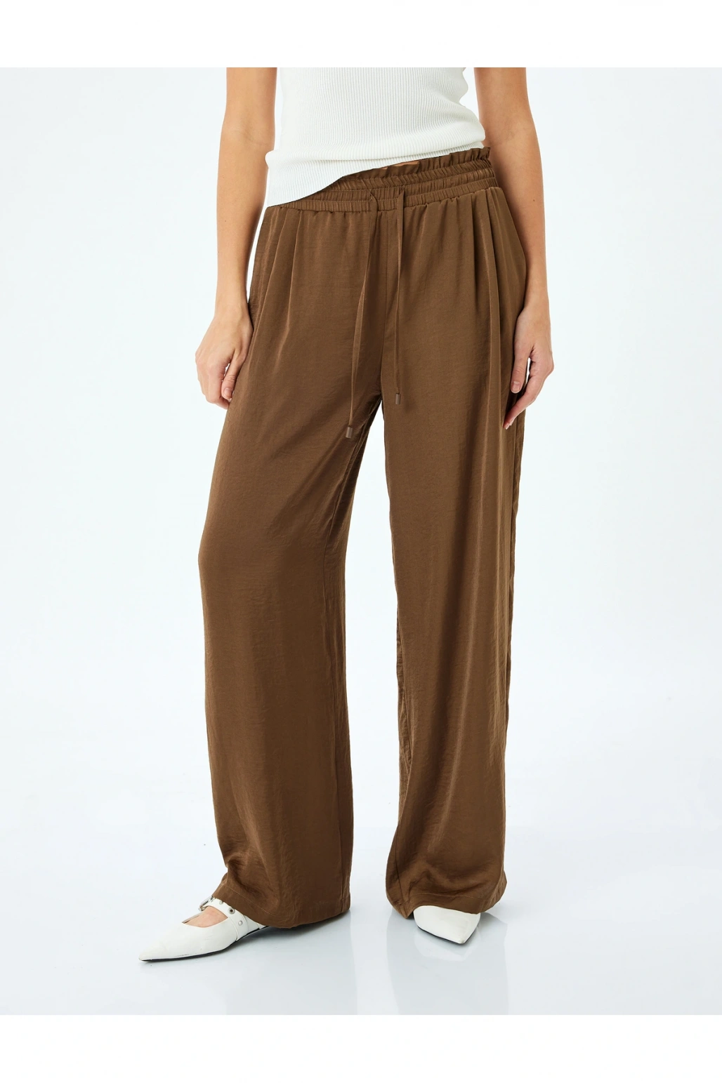 Bel Bağlamalı Lastikli Cepli Saten Palazzo Pantolon