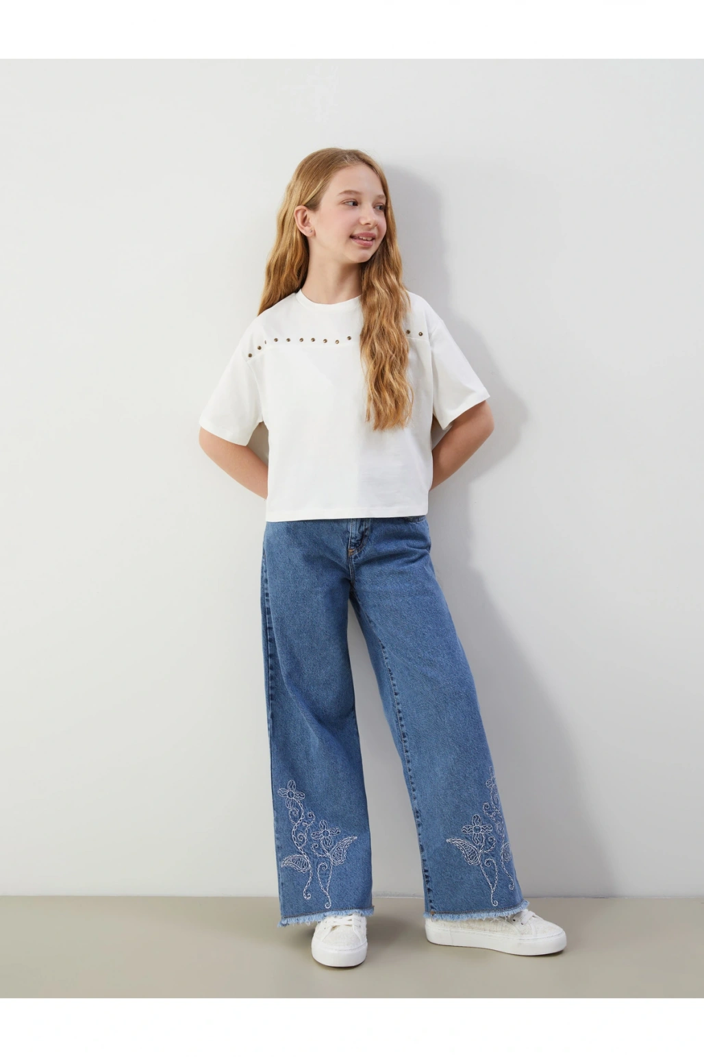 Beli Ayarlanabilir Lastikli Çiçekli Kız Çocuk Jean Pantolon