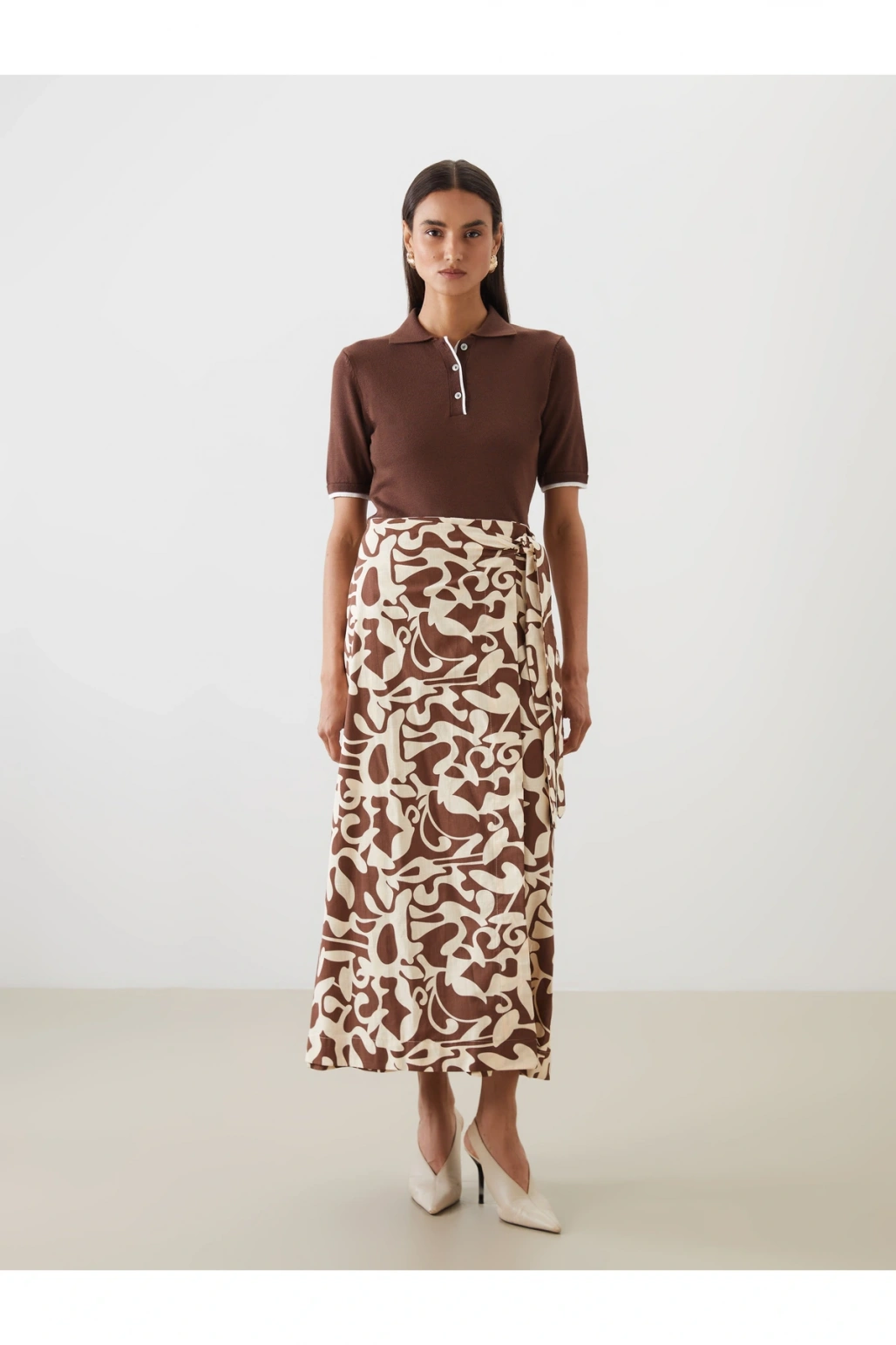 Beli Bağlamalı Desenli Poplin Etek