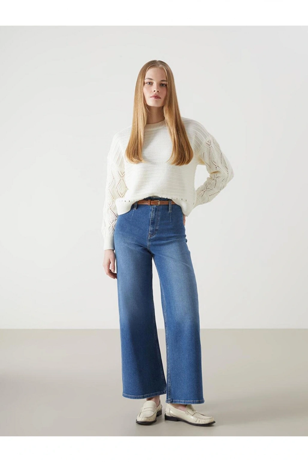 Beli Kemerli Wideleg Kadın Jean Pantolon (S5)