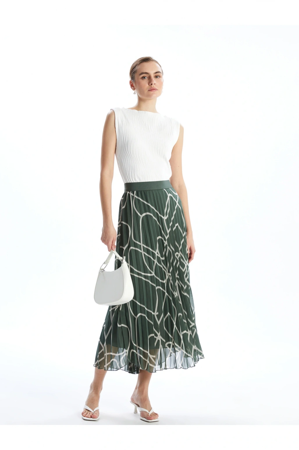 Beli Lastikli Desenli Şifon Kadın Pileli Etek