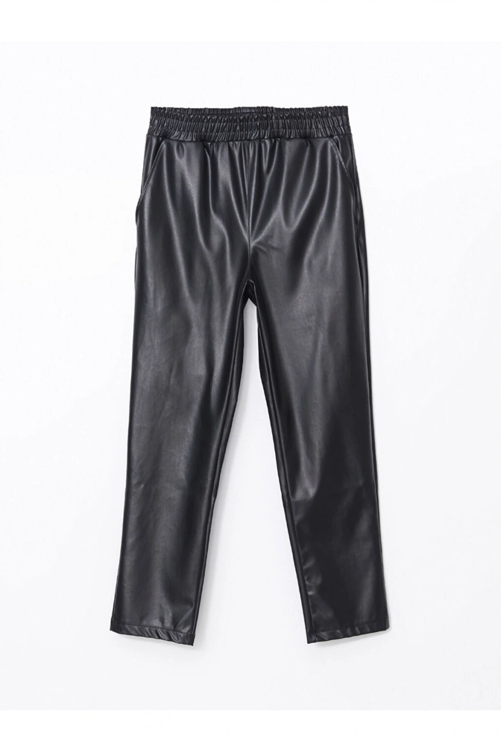 Beli Lastikli Havuç Kesim Deri Görünümlü Kadın Pantolon