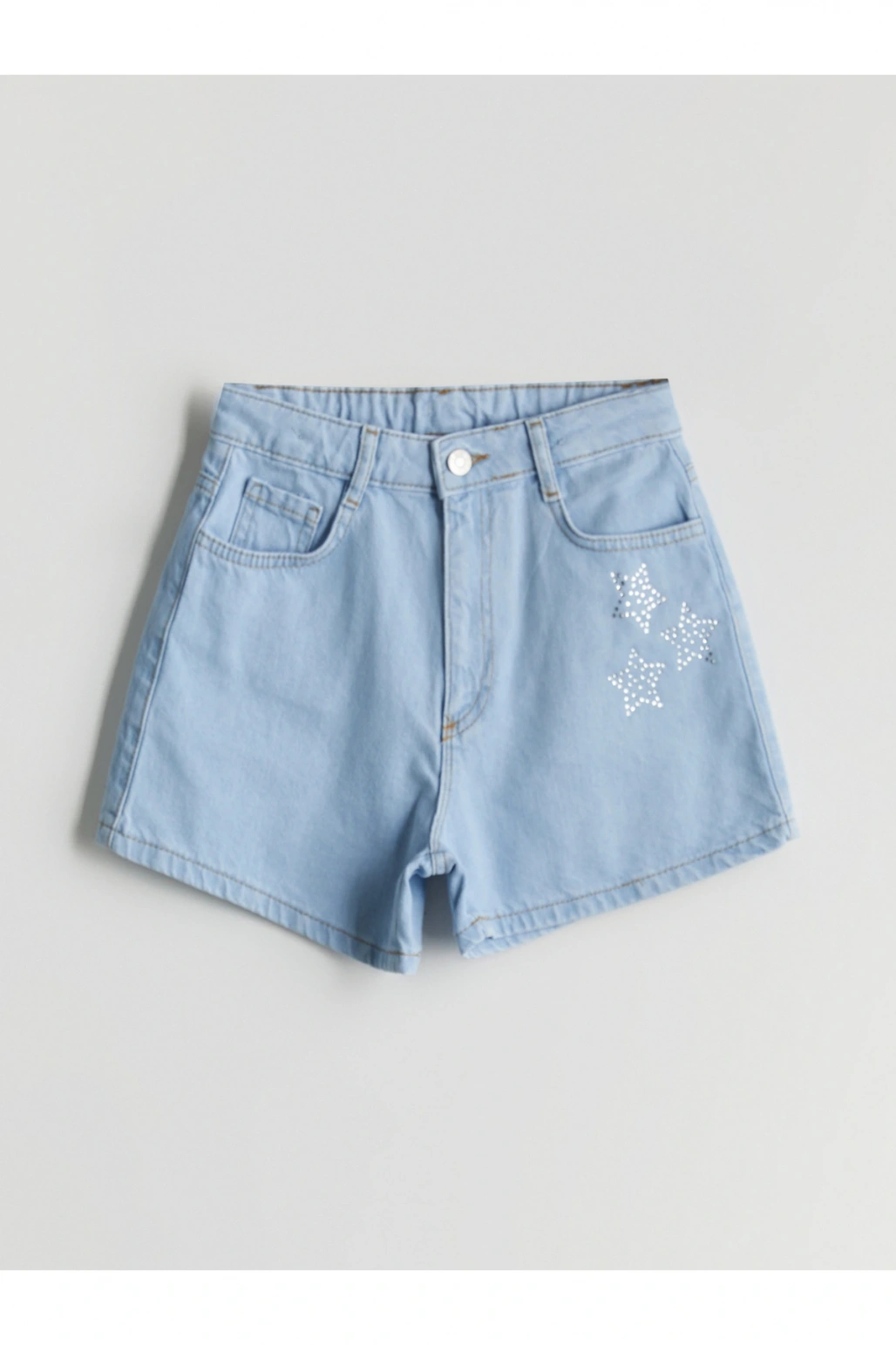 Beli Lastikli Taşlı Kız Çocuk Jean Şort