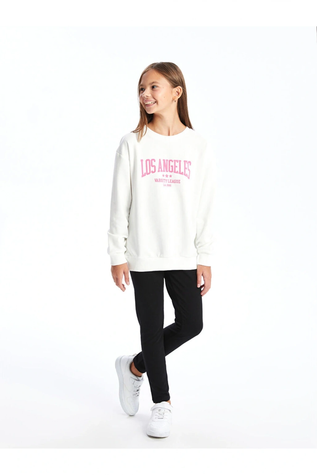 Beyaz Bisiklet Yaka Kız Çocuk Sweatshirt