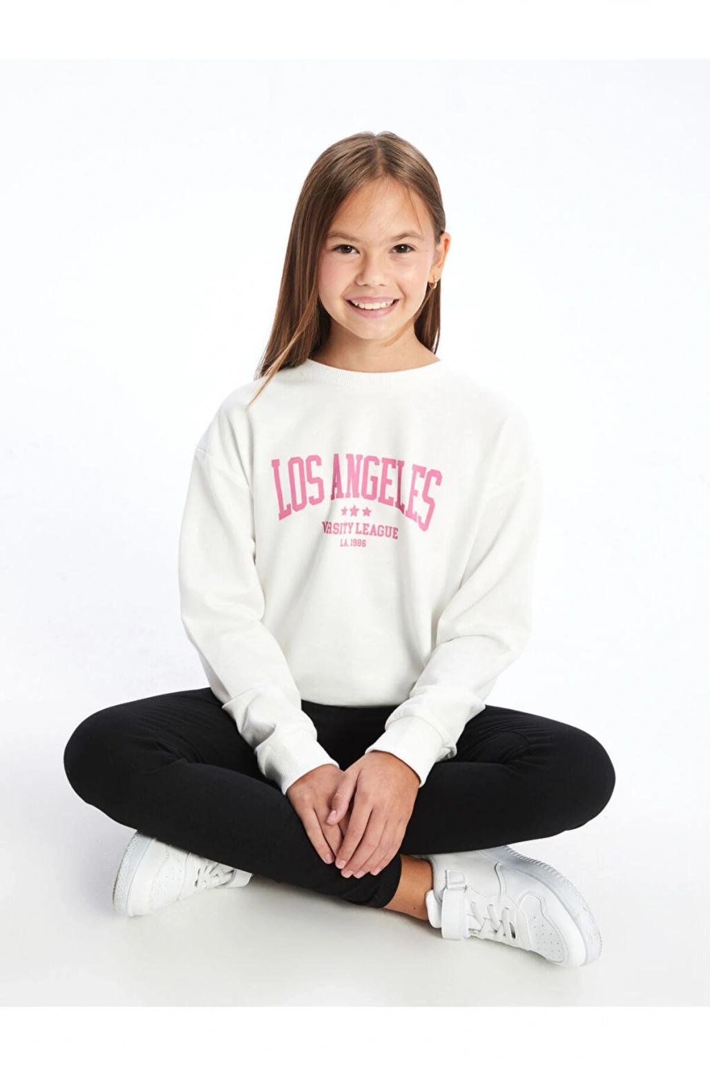 Beyaz Bisiklet Yaka Kız Çocuk Sweatshirt