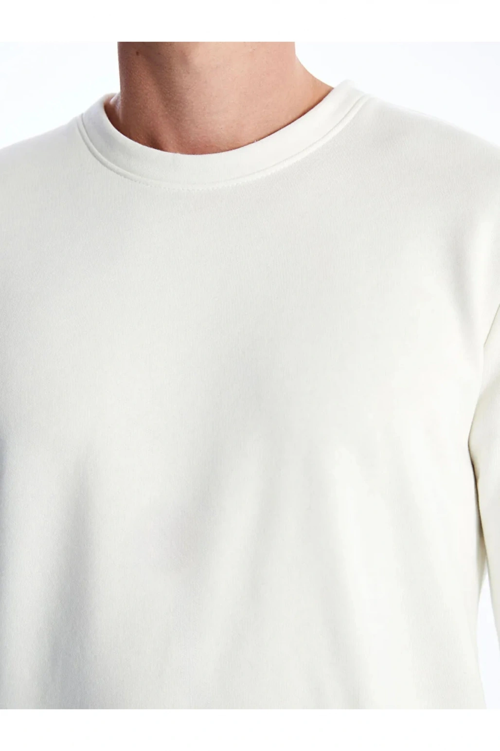 Beyaz Bisiklet Yaka Uzun Kollu Erkek Kalın Sweatshi