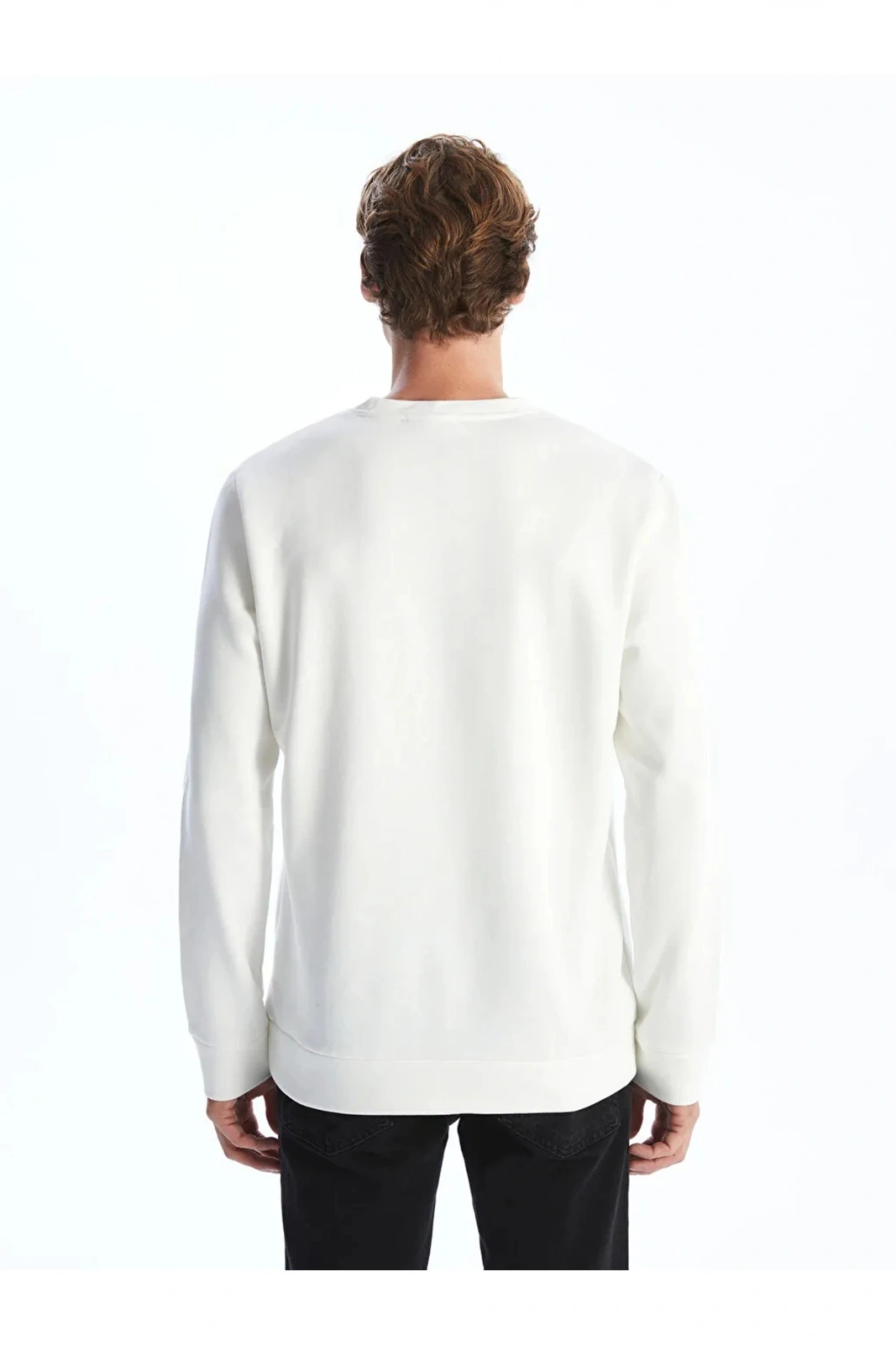 Beyaz Bisiklet Yaka Uzun Kollu Erkek Kalın Sweatshi