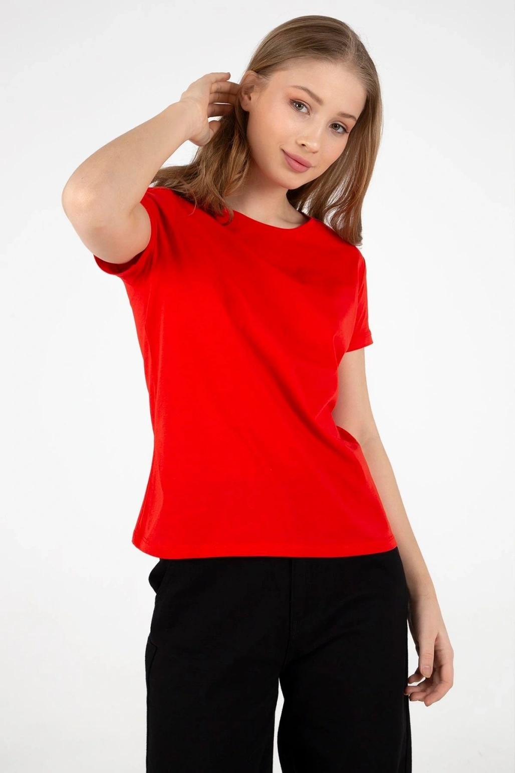 Bisiklet Yaka %100 Pamuklu Tişört Kırmızı