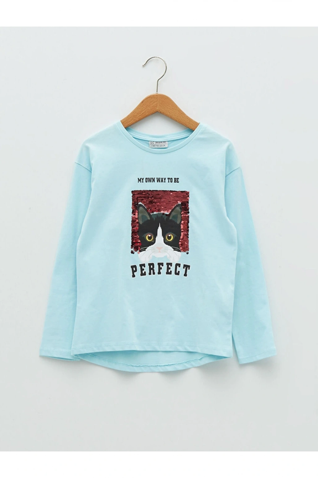 Bisiklet Yaka Baskılı Çift Yönlü Payetli Uzun Kollu Kız Çocuk Tişört