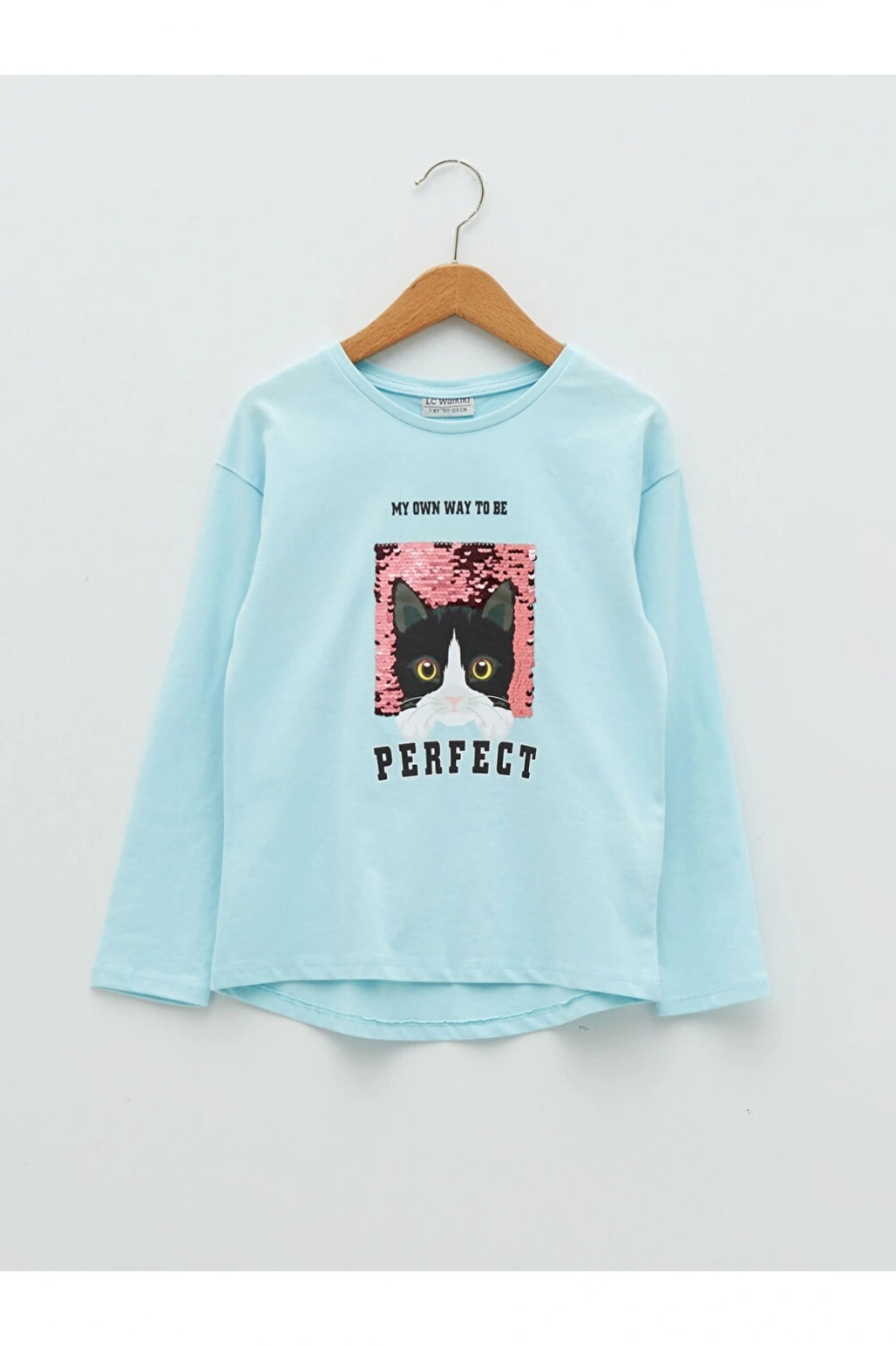 Bisiklet Yaka Baskılı Çift Yönlü Payetli Uzun Kollu Kız Çocuk Tişört
