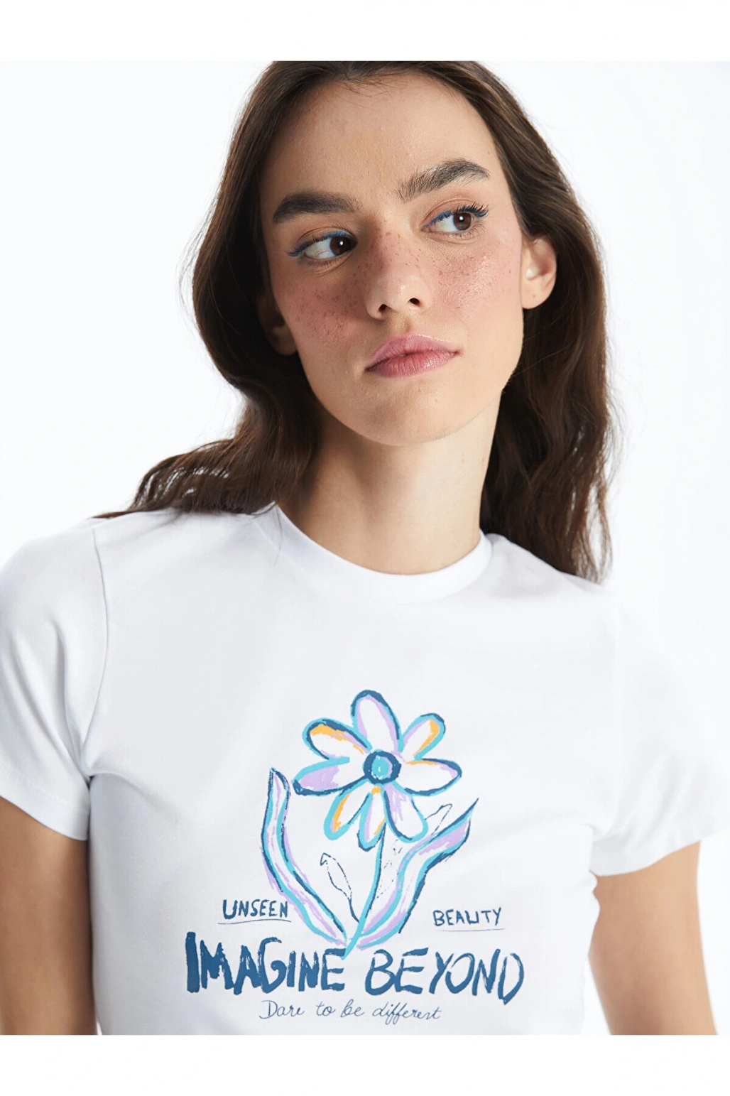 Bisiklet Yaka Baskılı Kısa Kollu Kadın Crop