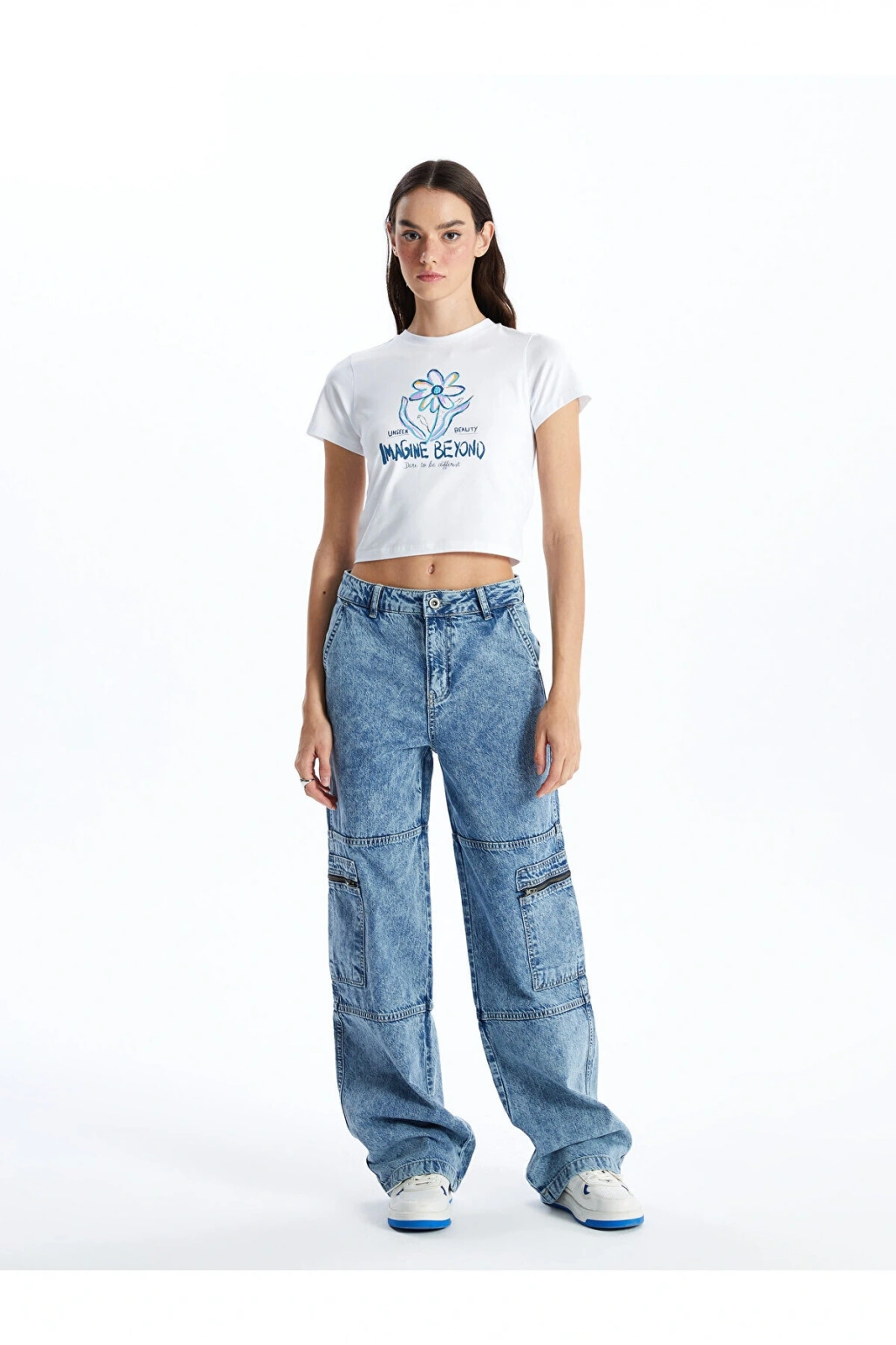 Bisiklet Yaka Baskılı Kısa Kollu Kadın Crop