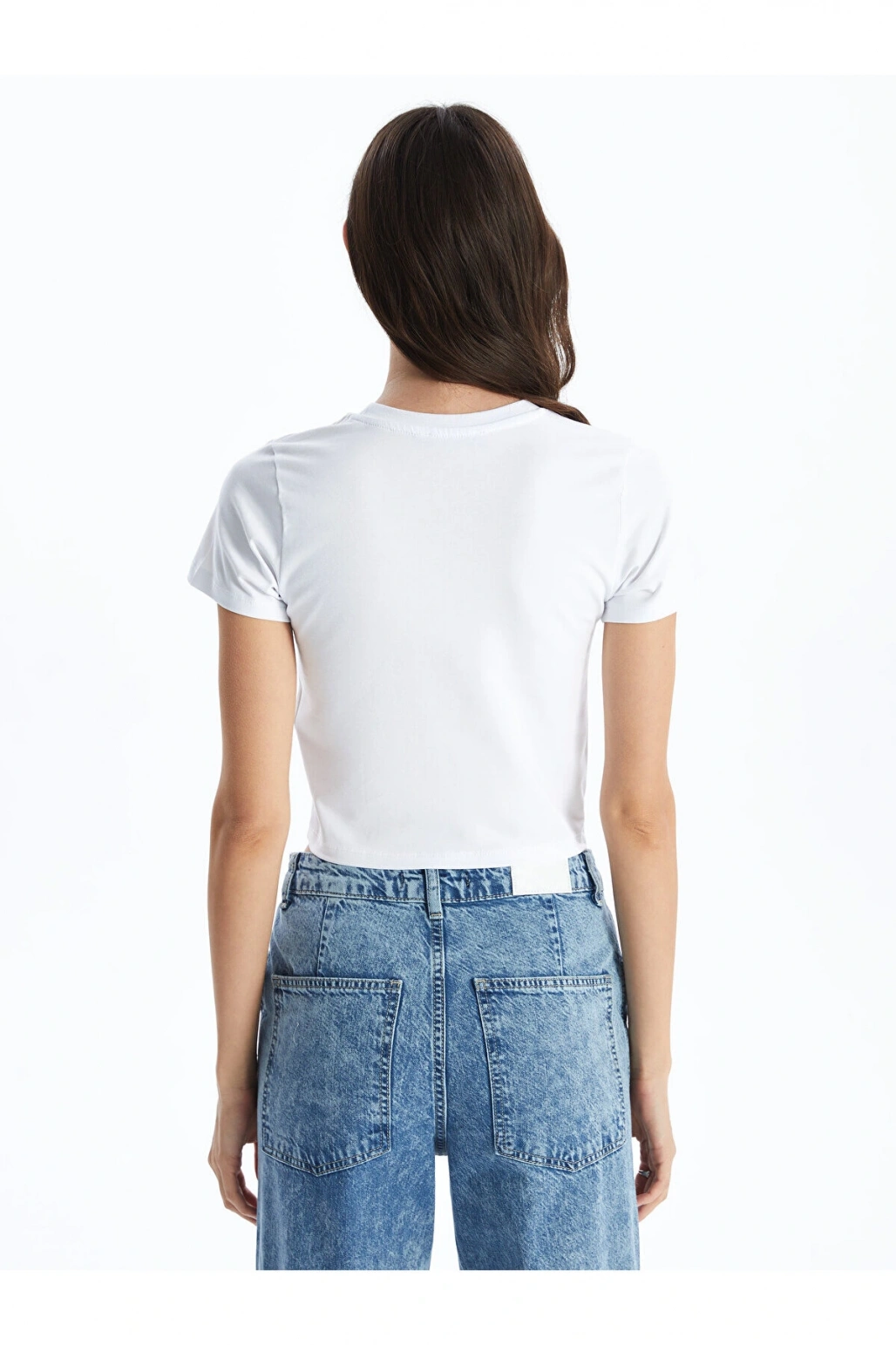 Bisiklet Yaka Baskılı Kısa Kollu Kadın Crop