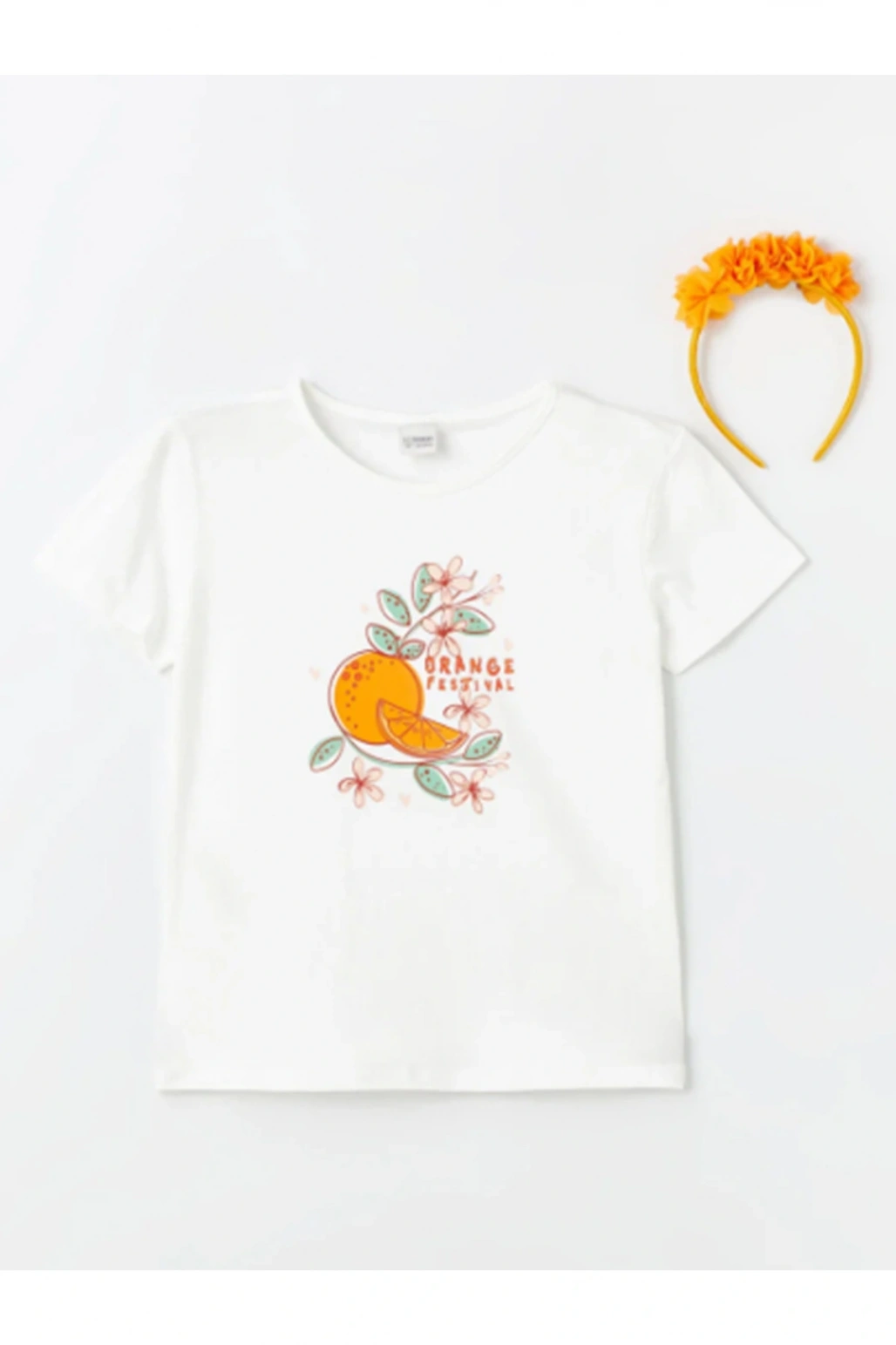Bisiklet Yaka Baskılı Kısa Kollu Kız Çocuk Tişört ve Taç Portakal Çiçeği Festivali Karnaval S4JQ74Z4