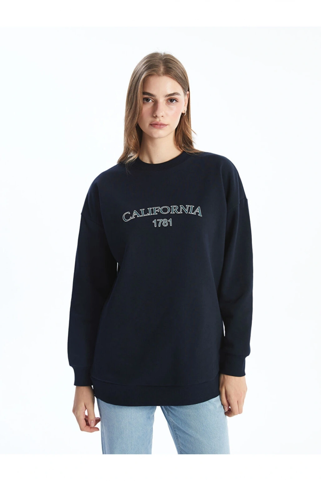 Bisiklet Yaka Baskili Oversize Kadin Sweatshirt Tunik - W4KR68Z8