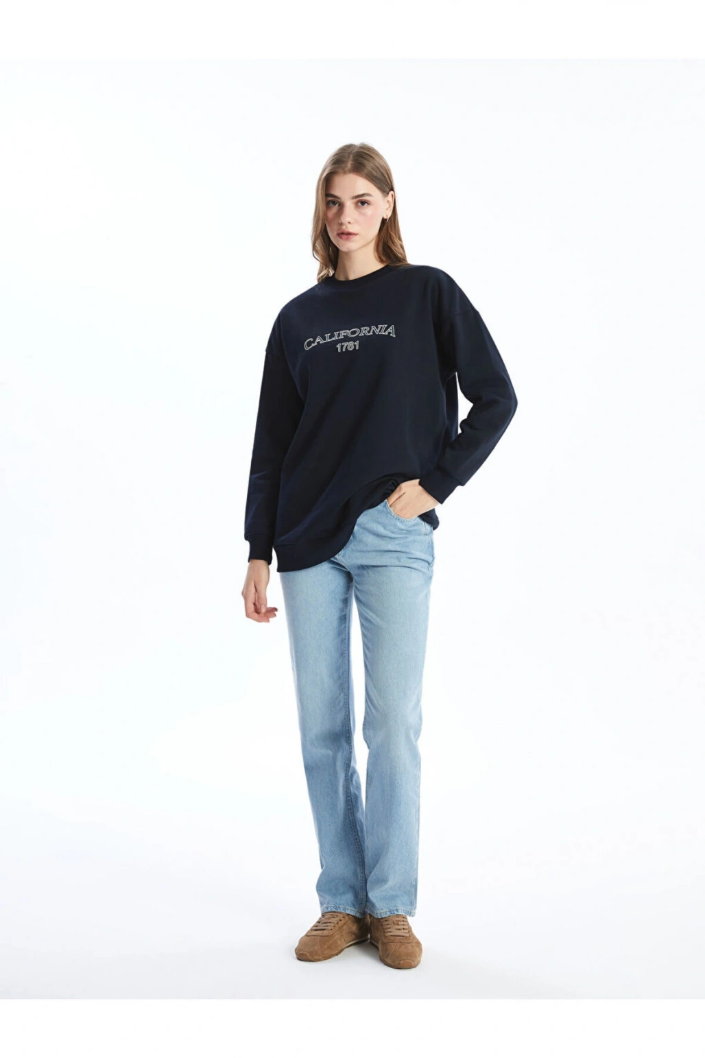 Bisiklet Yaka Baskili Oversize Kadin Sweatshirt Tunik - W4KR68Z8