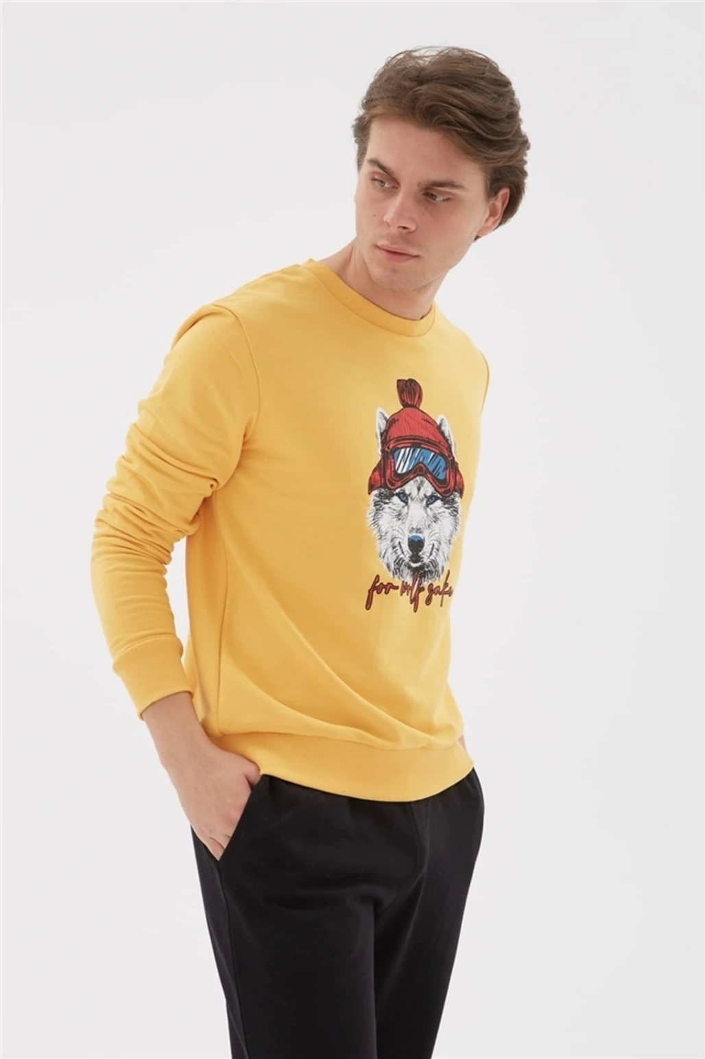 Bisiklet Yaka Baskılı Sweatshirt Hardal / Mustard