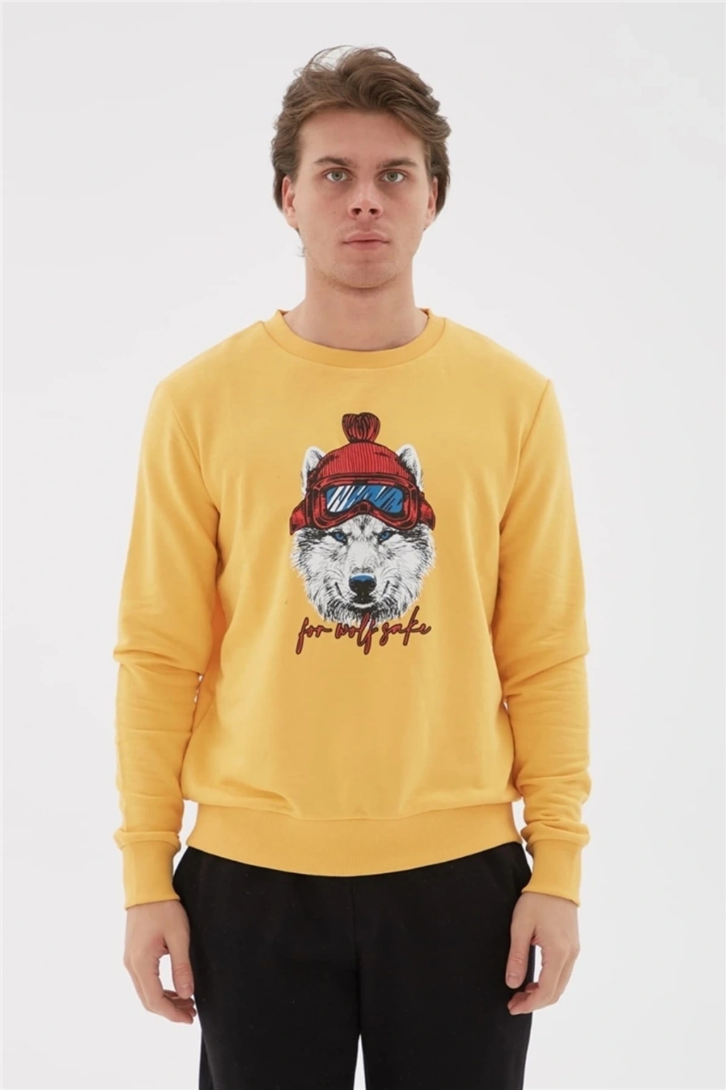 Bisiklet Yaka Baskılı Sweatshirt Hardal / Mustard