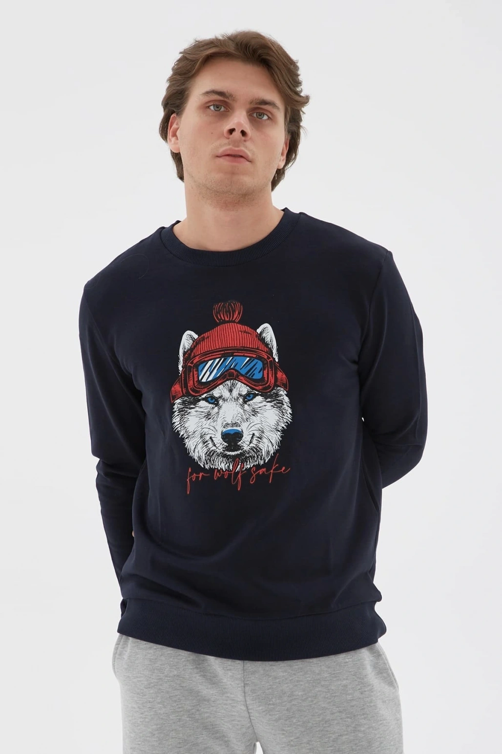 Bisiklet Yaka Baskılı Sweatshirt Lacivert / Navy