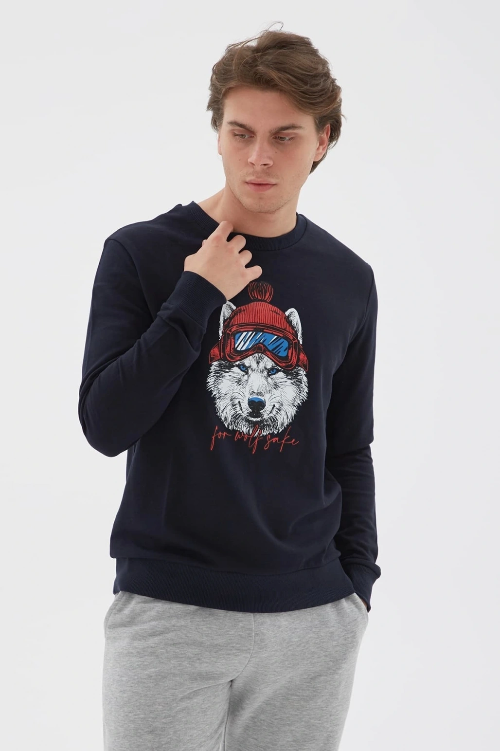 Bisiklet Yaka Baskılı Sweatshirt Lacivert / Navy