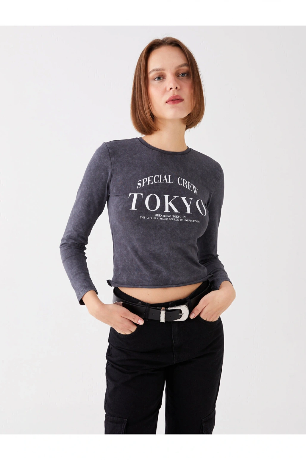 Bisiklet Yaka Baskılı Uzun Kollu Kadın Crop