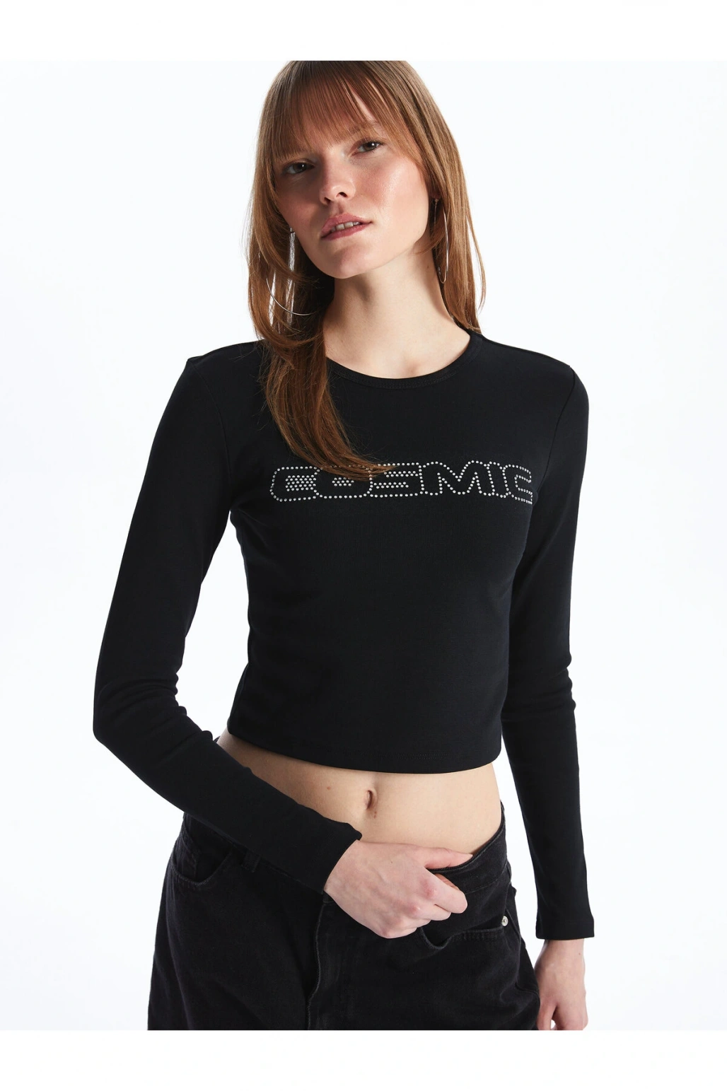 Bisiklet Yaka Baskılı Uzun Kollu Kadın Crop