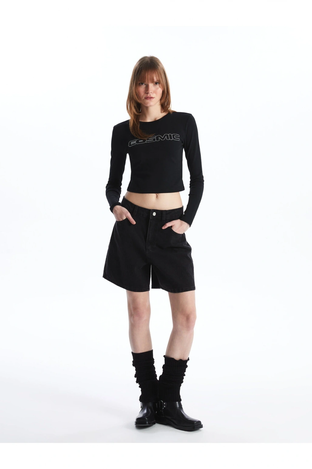 Bisiklet Yaka Baskılı Uzun Kollu Kadın Crop