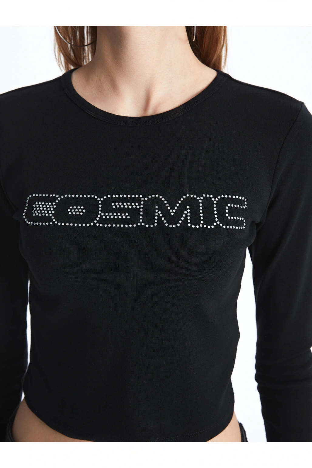 Bisiklet Yaka Baskılı Uzun Kollu Kadın Crop